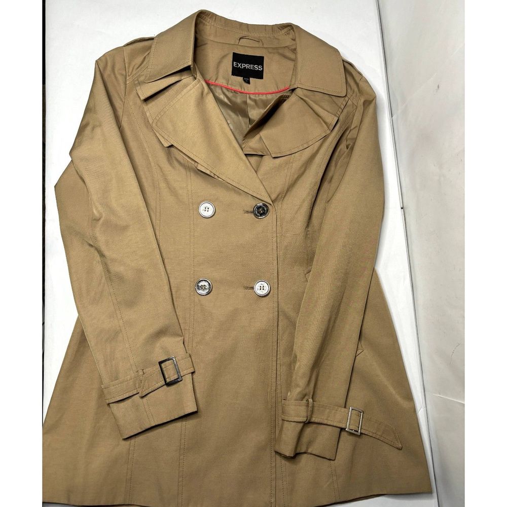 Express Womens Beige Trench Coat Jacket Functional Buttons Double Breasted - Picture 5 of 9